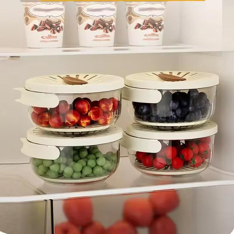Multifunctional Drain Basket with Lid Dehydrator with Foldable Handle Fruit Crisper Drain Bowl for Kitchen and Refrigerator