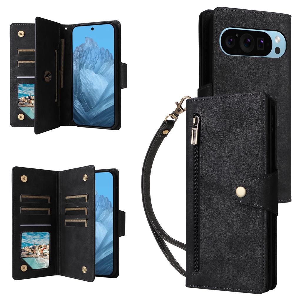 Phone Case For Google Pixel 10/10 Pro/9/9 Pro ,Zipper Wallet Rivet Decor Leather Cover with Wrist Strap