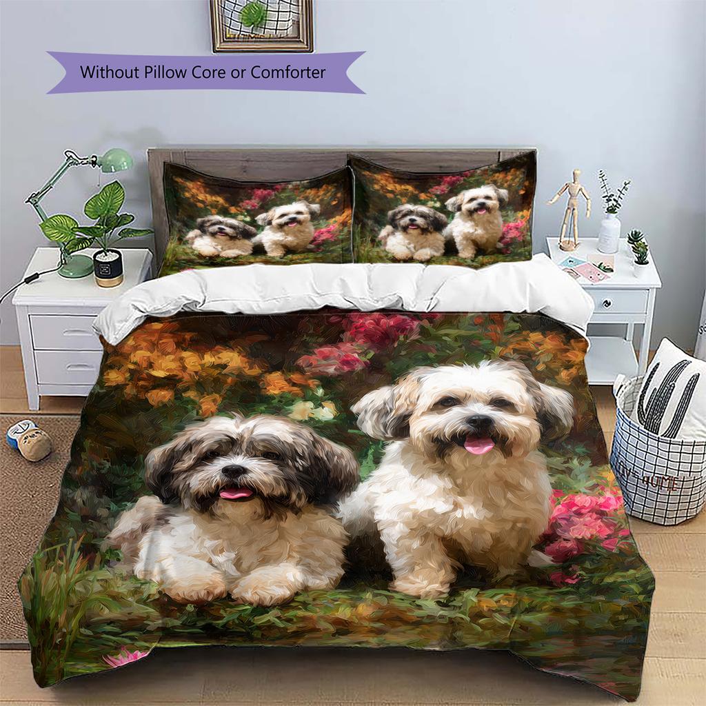 Shih Tzu and grass Pattern Bedding Home Decoration Birthday Gift (1 * duvet cover + 2 * pillowcase, without core)