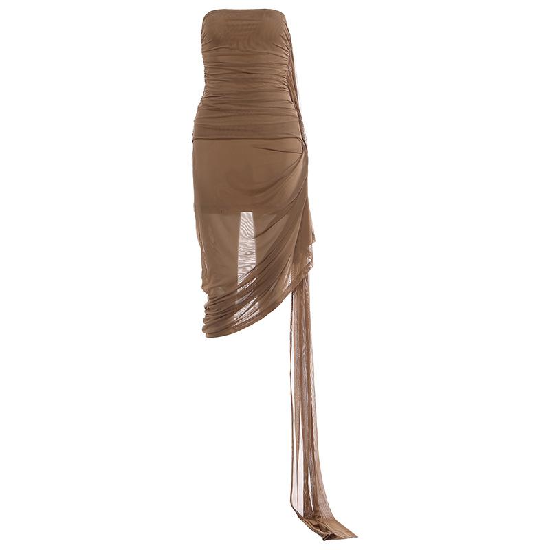 2026 European and American summer new personalized fashion solid color slim-fitting micro-transparent gauze elegant temperament dress women