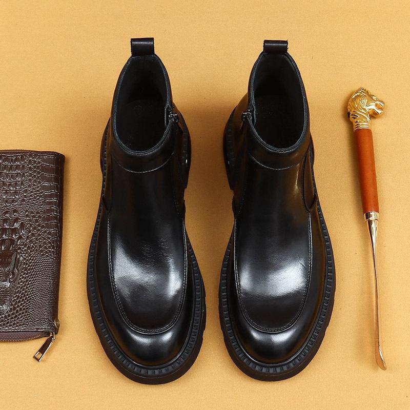 Winter Men'S Chelsea Boots Short Boots Leather Air Cushion Platform Business Casual British Leather Boots