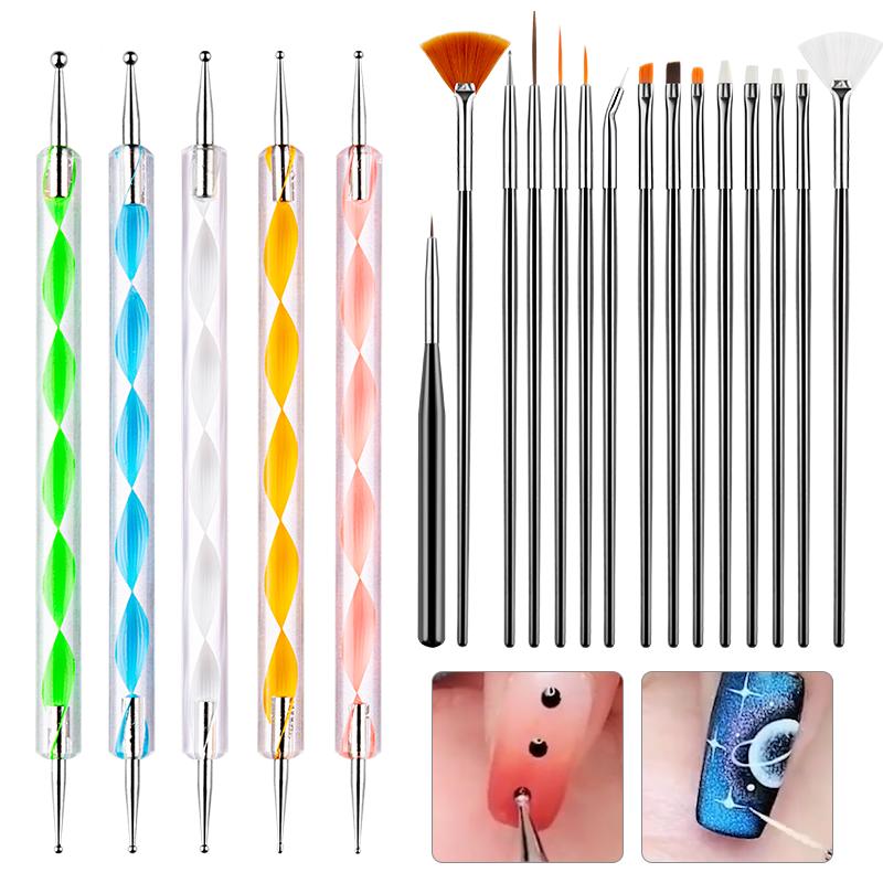8/20Pcs Nail Art Brush Design Tip Painting Drawing Carving Dotting Pen FlatFan Liner Acrylic Gel UV Polish Tool Manicure