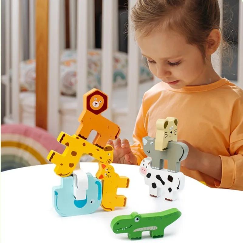 Non-Toxic Wooden Animal Stacking Block Game Shape Matching Puzzle Balance Toy Montessori Fine Motor Training Educational Toys For Children