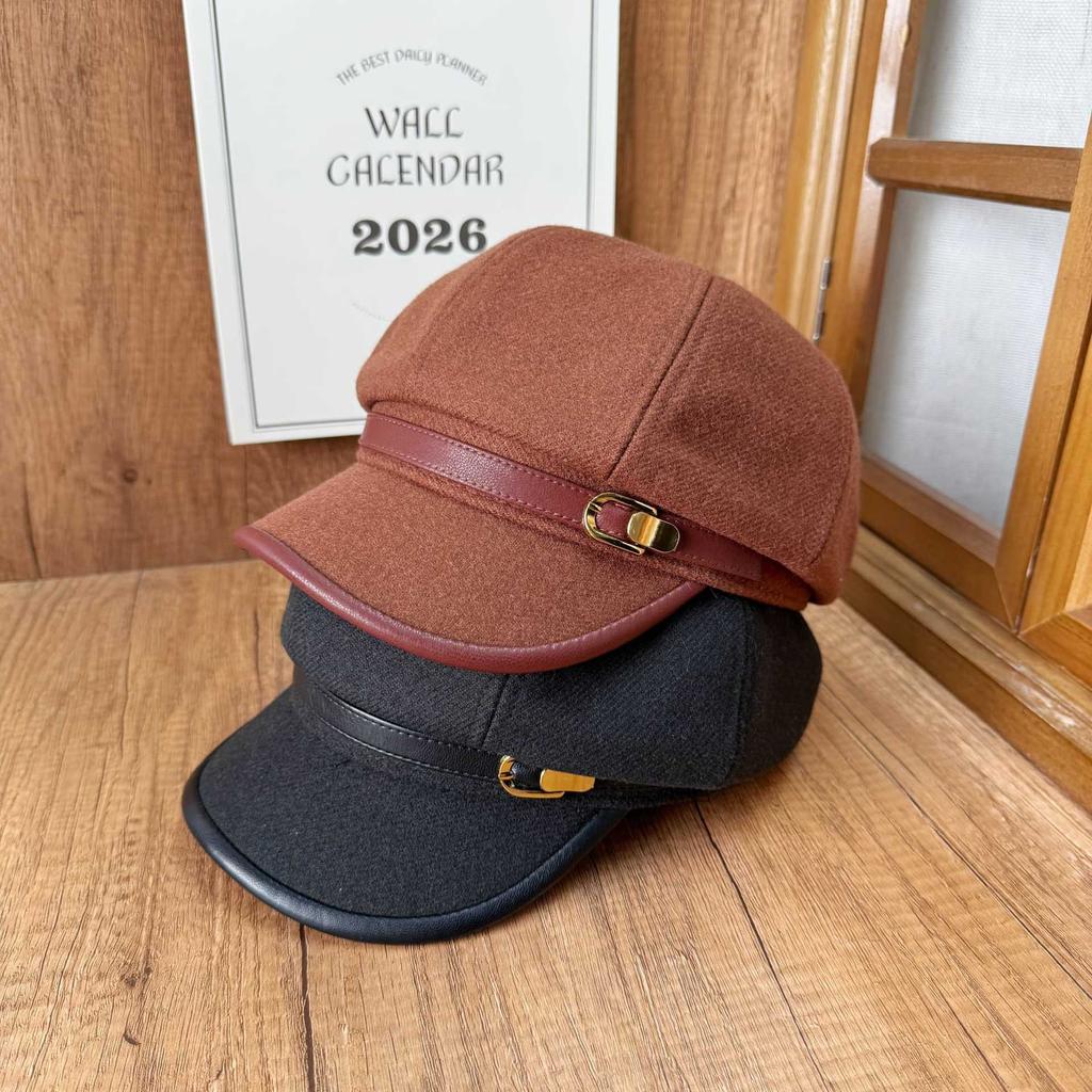 Hat Women's New Belt Buckle Octagonal Hat Literary Versatile Wide Brim Painter Hat Fashion Wool Beret