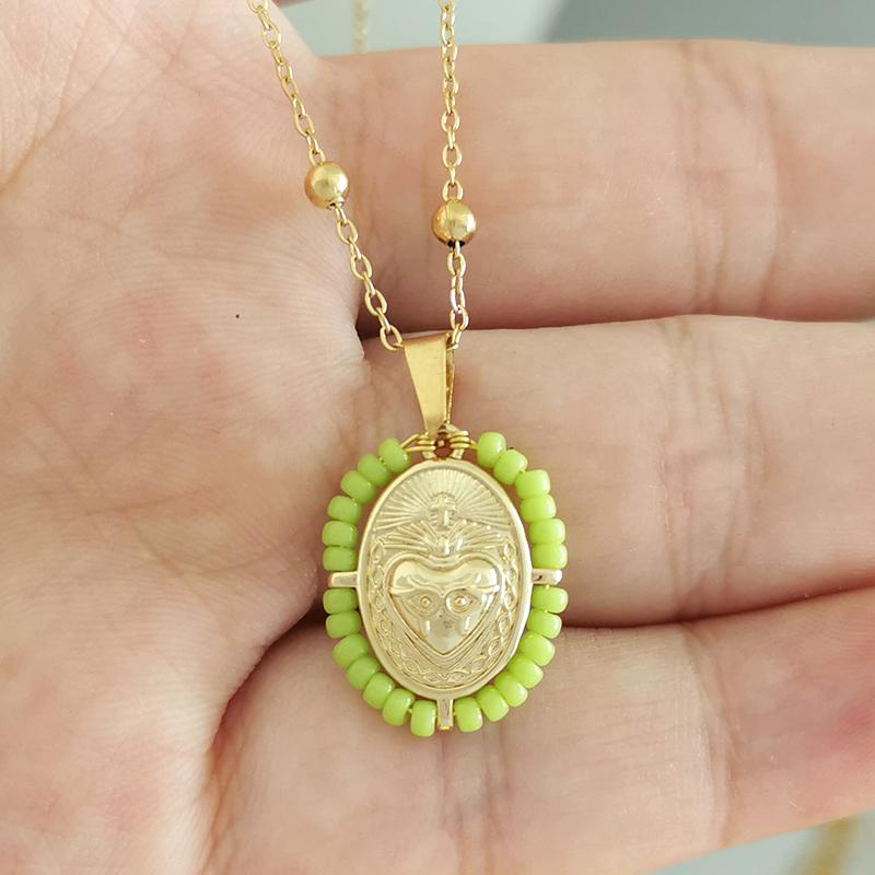 QMHJE Virgin Mary Pendant Charm Necklace Women Cross Scared Heart Jesus Choker Seed Beads Stainless Steel Chain Gold Color Mom