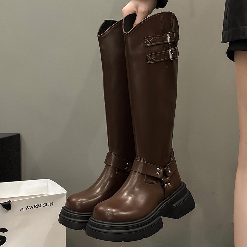 Long leather boots women's leather boots 2024 winter new round head thick heel knight boots foreign fashion boots two kinds and high women's