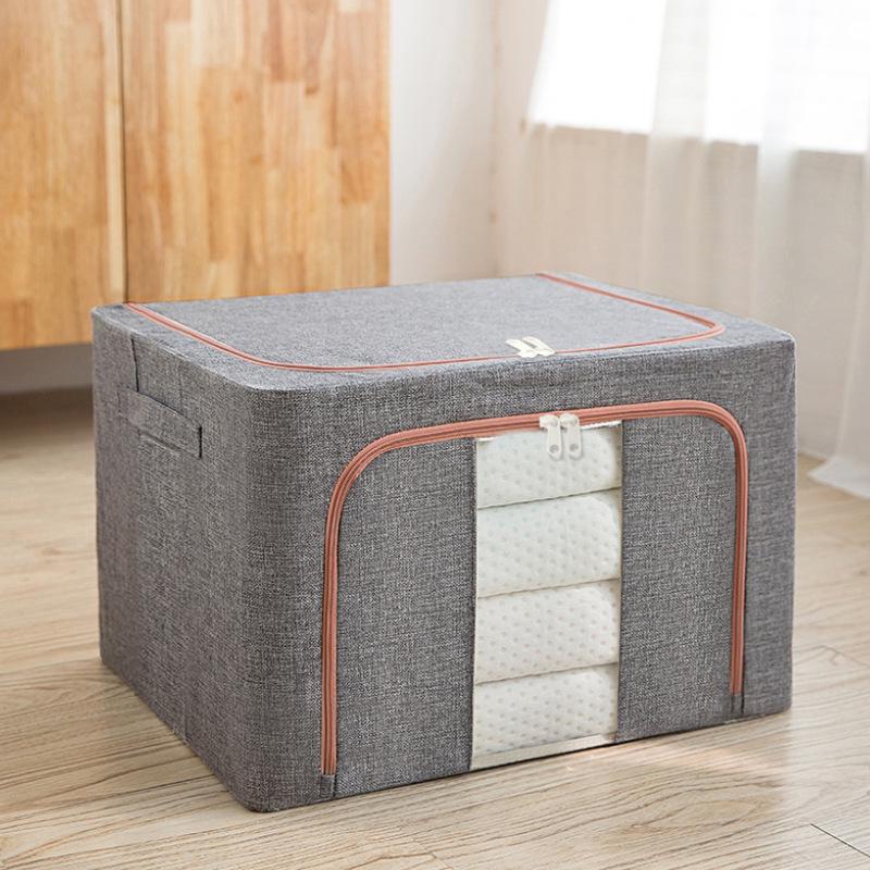 Waterproof Cotton & Linen Storage Box with Steel Frame - Foldable, Moisture-Proof, Large Capacity, Fabric Quilt Bag with Cover