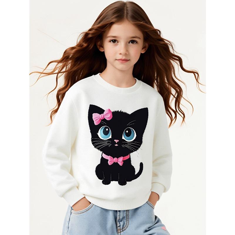 Kids Sweatshirt,Crew Neck Fashion Top, Fun"Cute Black Cat with Pink Bow " Patterned Sweatshirt,for Everyday Casual Wear,for All Kinds of Daily Outfits