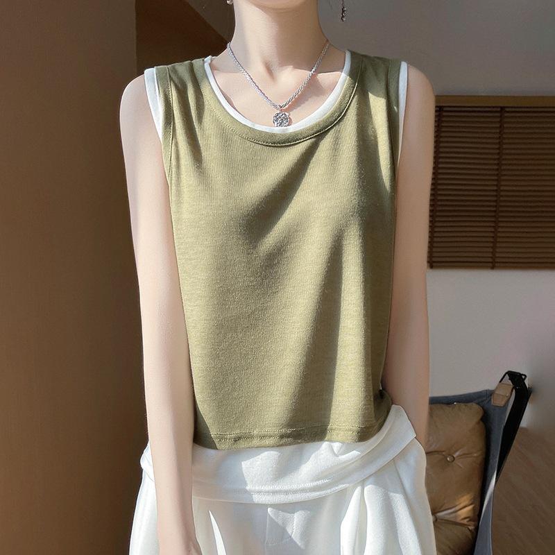 This Summer Double-layer Two-piece Knitted Sleeveless Vest Is A Versatile Low Round-neck Strappy Top