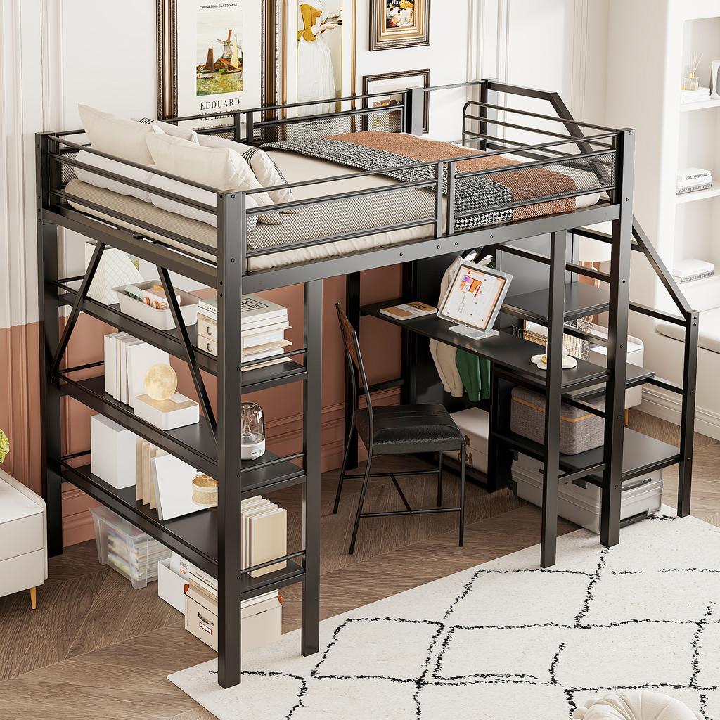 Hochbett 140*200cm, Dreistufiges Lagerregal, Schreibtisch, Kleiderschrank, Sicherheitsleiter mit Stauraum, Hohes Geländerdesign, Eisenbett, Einzelbett, Schwarz
