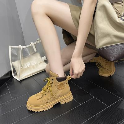 High Heeled 5cm Hollow Out Boots for Women Breathable Cool Boots Genuine Leather Martin Boots with Increased Height Inside Casual Women's Short Boots
