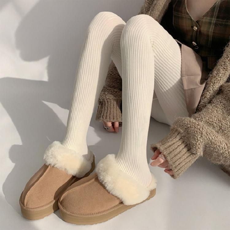 Women Solid Color Thicken Cotton Pantyhose Ribbed Knit Striped Sweater Tights