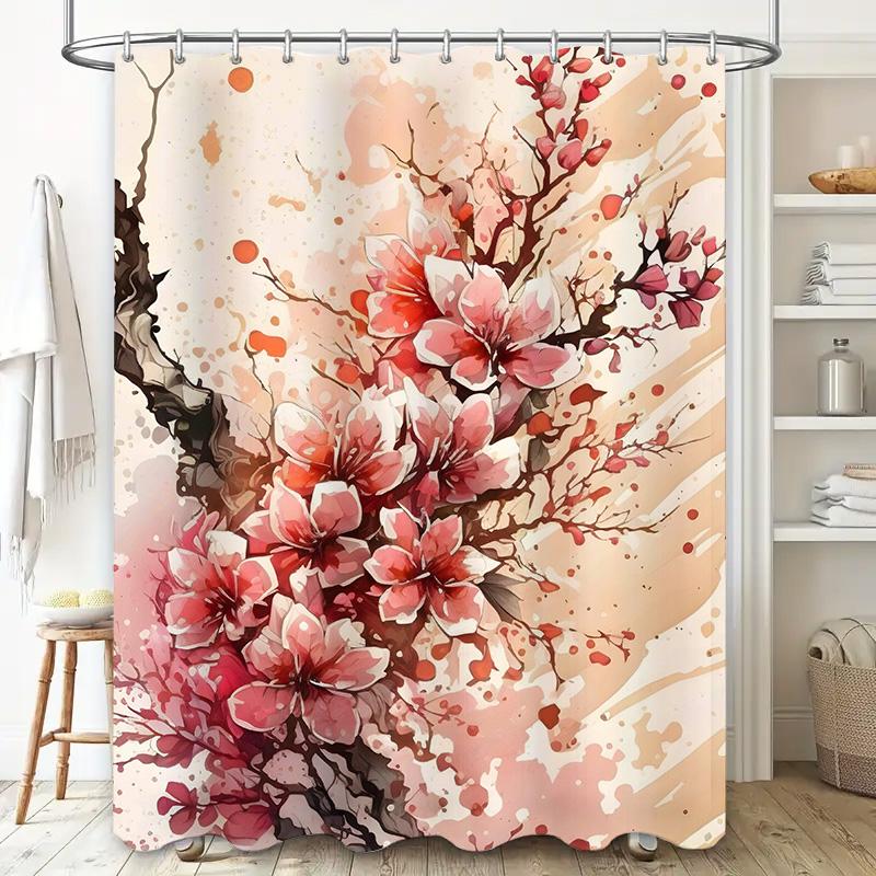 Pink Blossom Shower Curtain Watercolor Floral Print for Bathroom Decor, Modern Design Waterproof Fabric for Bathtub or Kitchen C