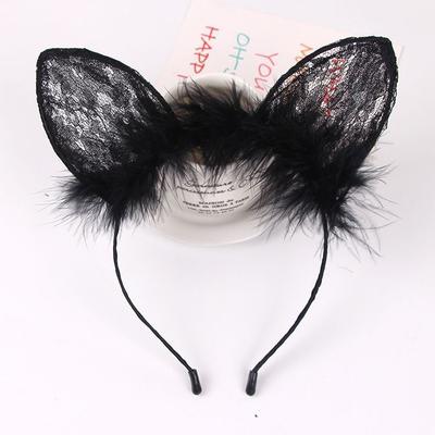 Black Lace Cat Ears Headband with Feather, Halloween Cosplay Hair Accessory for Women