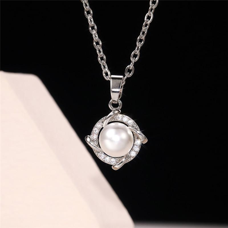 Rose Gold Plated Simulated Pearl & CZ Pendant Necklace, Delicate Cable Chain Necklace for Women