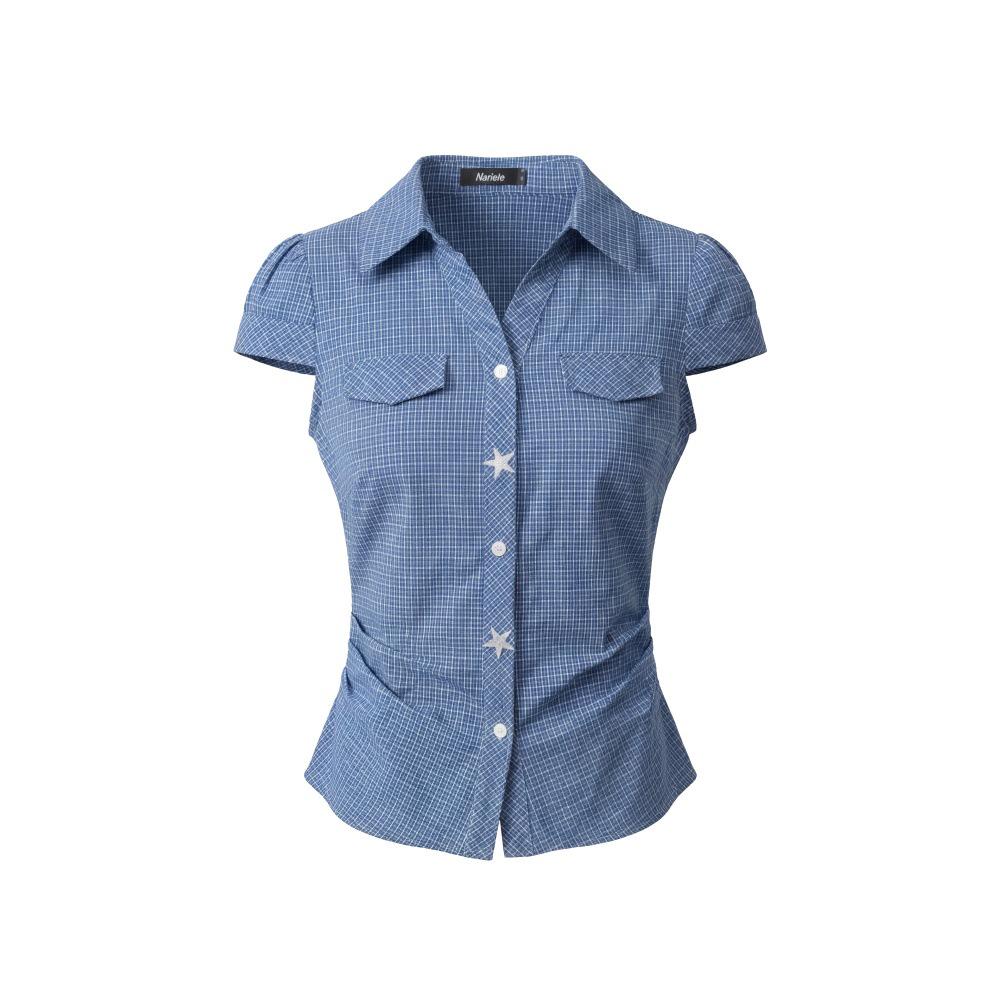 Женская клетчатая рубашка с коротким рукавом HeyHenry, приталенная - С акцентом на талии, квадратные плечи, летний стиль Small синий