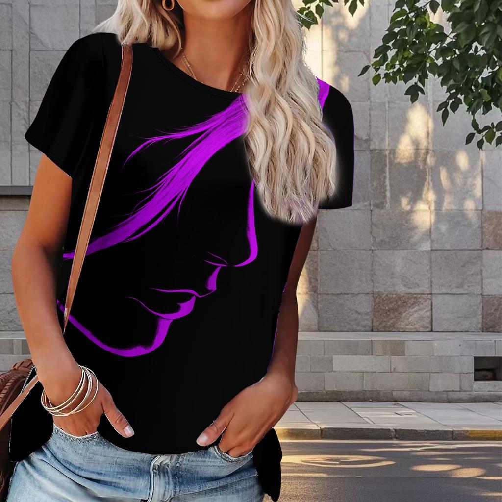 Women Summer T Shirt Side Face Print Retro Fashion Short Sleeve Tees Casual   Printed  Tops