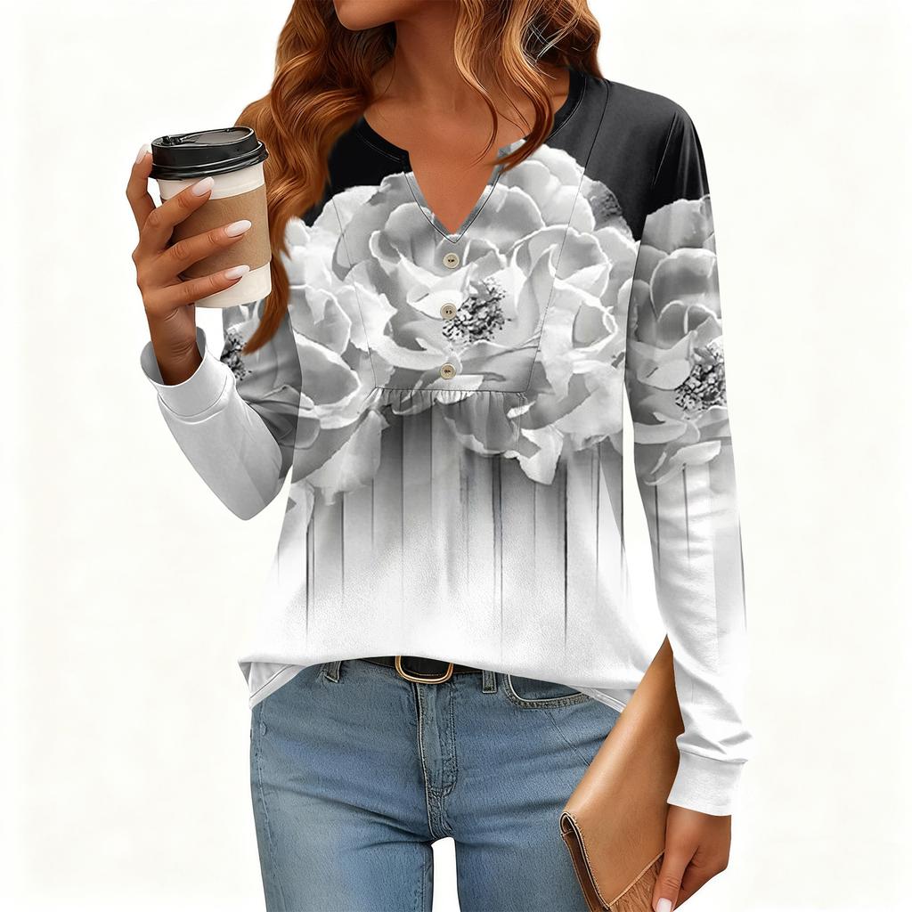 Women's Relaxed,Fit V,Neck Vintage Color,Blocked Floral Print Long,Sleeve Pullover Tee