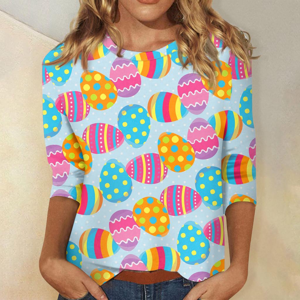 Camisa de Pascua para Mujer de Manga Tres Cuartos Cuello Redondo Corte Holgado Camisa Casual
