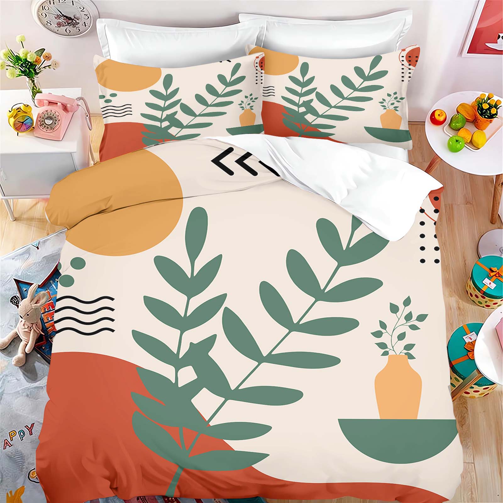 

Green plants and flowers Duvet Cover Set Comforte Printed Cartoon Twin Size Bedding Sets Christmas Gifts 3-piece 135x200cm