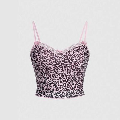 Women's Leopard Mesh Splicing Lace Floral Lace Edge Slim Spice Camisole
