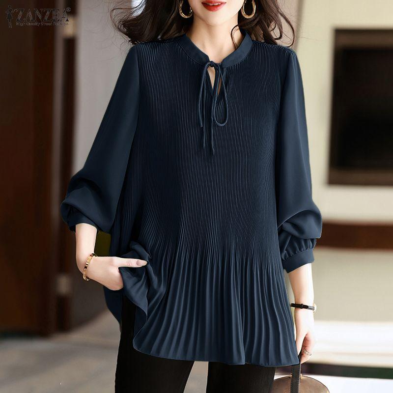ZANZEA Damen Freizeit V-Ausschnitt Locker Langarm Plissierte Bluse