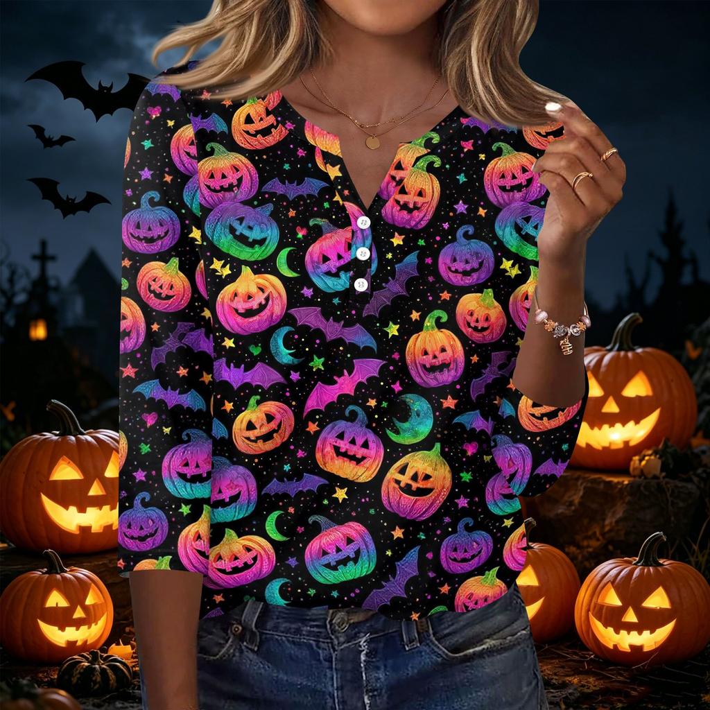 Women Casual Halloween Print V Neck Button Detail Three Quarter Sleeve T Shirt Top Suitable for Seasonal Wear and Everyday Use
