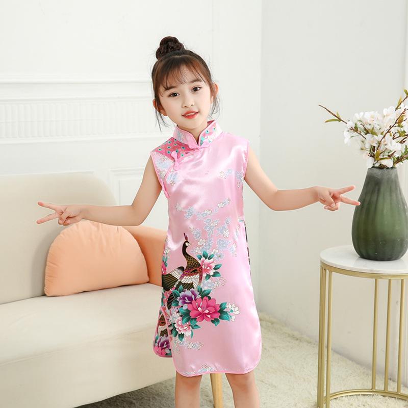 Girls' Classic Red Peacock Qipao: Children's Chinese Style Costume for New Year & Performances (Spring/Summer).
