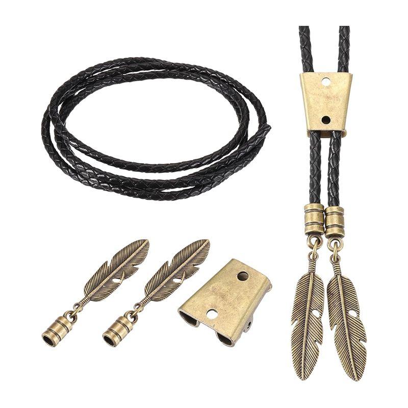 A95D-Bolo Tie Findings Kit,Bolo Tie Accessories Include Slide Clasps,1Yard Black Leather Braided Cord For DIY
