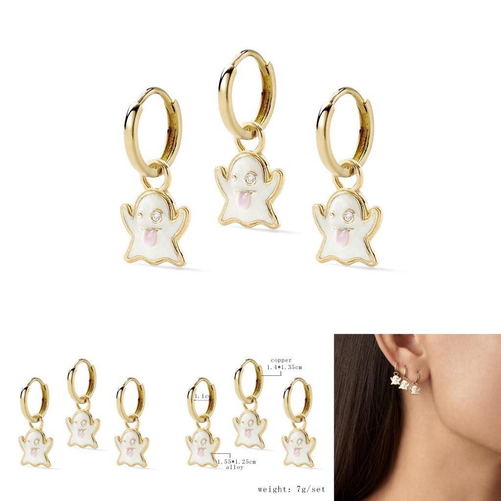Elegant White Diamond-studded Ghost Alloy Pendant Earrings Set For Multiple Piercings