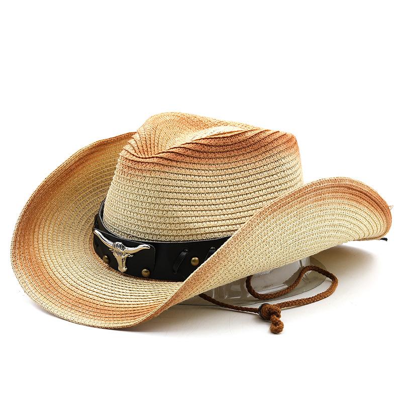 New Bull Head Accessories Western Cowboy Straw Hat Outdoor Sports Mountaineering Tipped Top Hat Foldable Sun Hat
