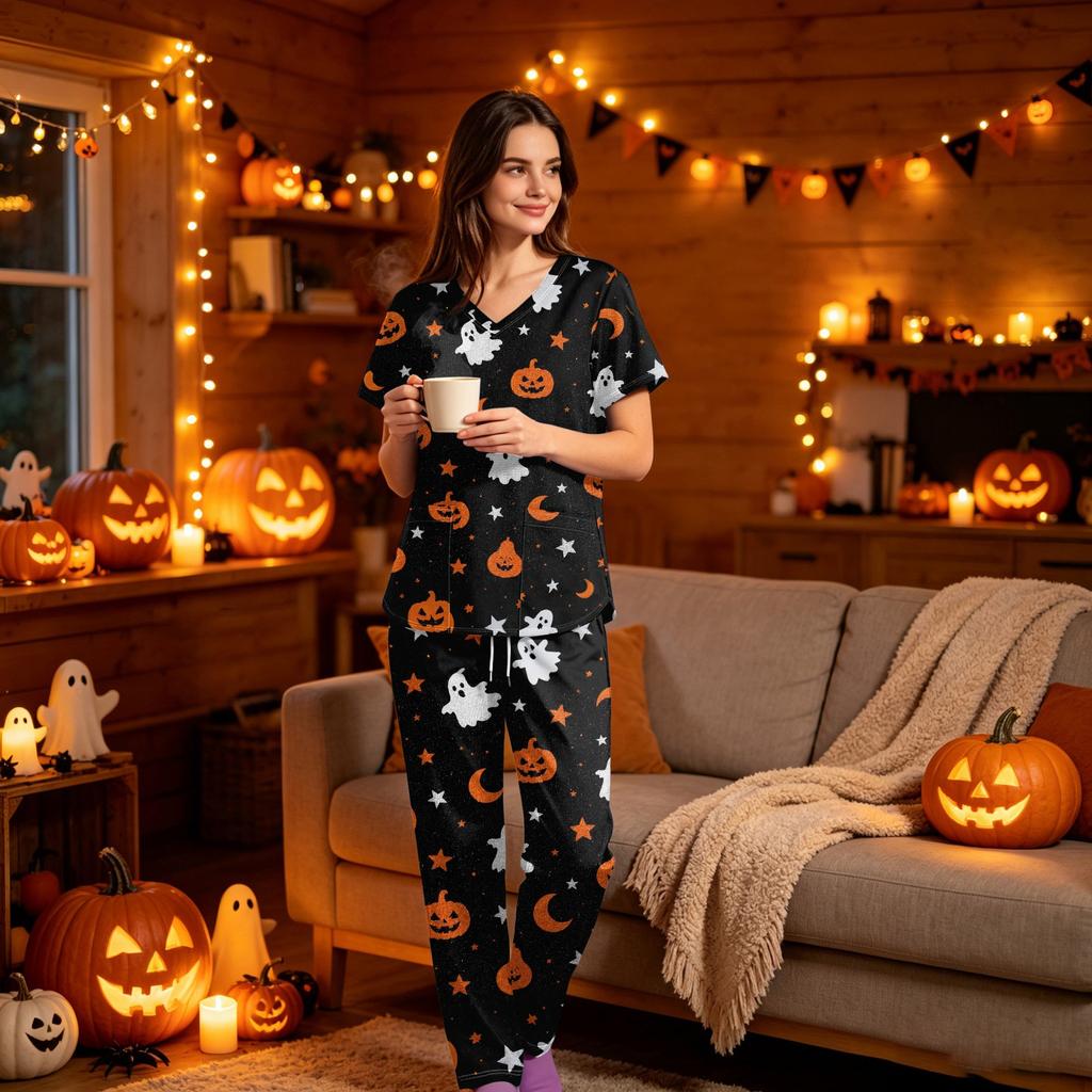 Women's Halloween Print Scrub Set V-Neck Short Sleeve Top with Pocket and Pants 2-Piece Uniform