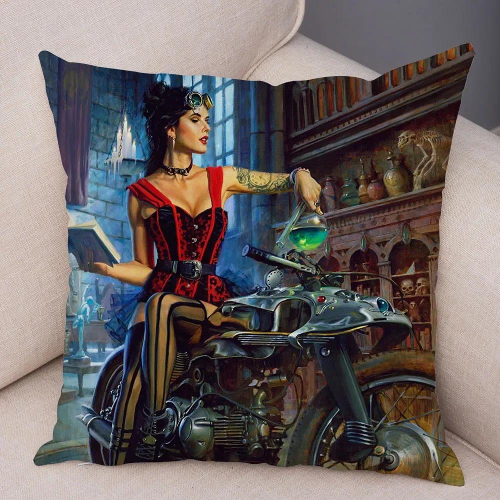 

Винтажная картина маслом постер мотоциклетная наволочка Plsuh Декор мультфильм сексуальная девушка наволочка для дивана автомобильная наволочка 45x45 см 12x12Inch