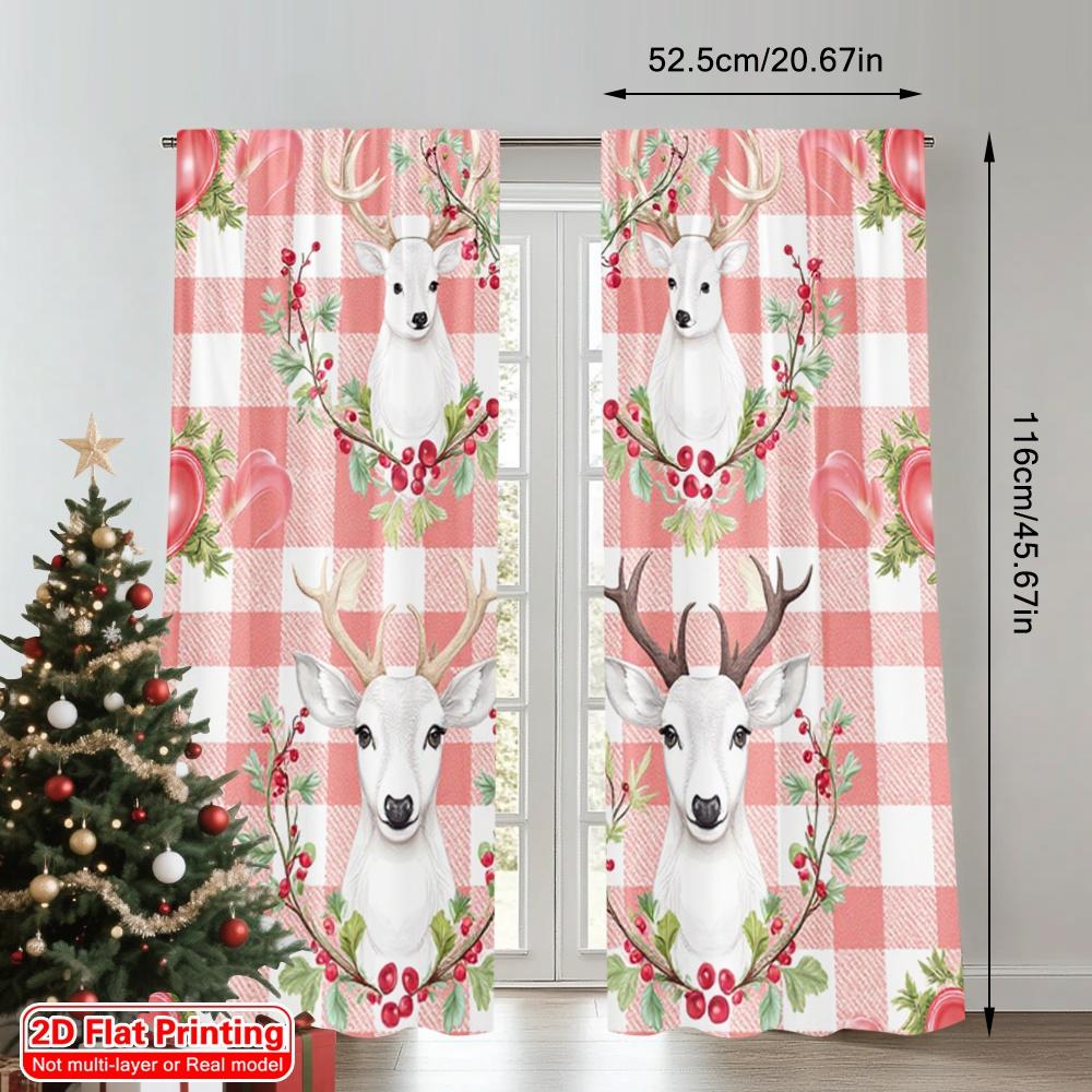 2pcs 2D Flat Printing Merry Christmas Window Curtains Deer Heart Pine Christmas Fabric Without Electricity Family Party Perfect