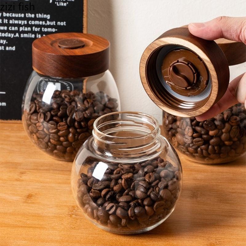 Unidirectional Exhaust Coffee Bean Can Glass Storage Jar Wooden Cover Coffee Powder Seal Pot Tea Caddy Storage Bottle Organizer