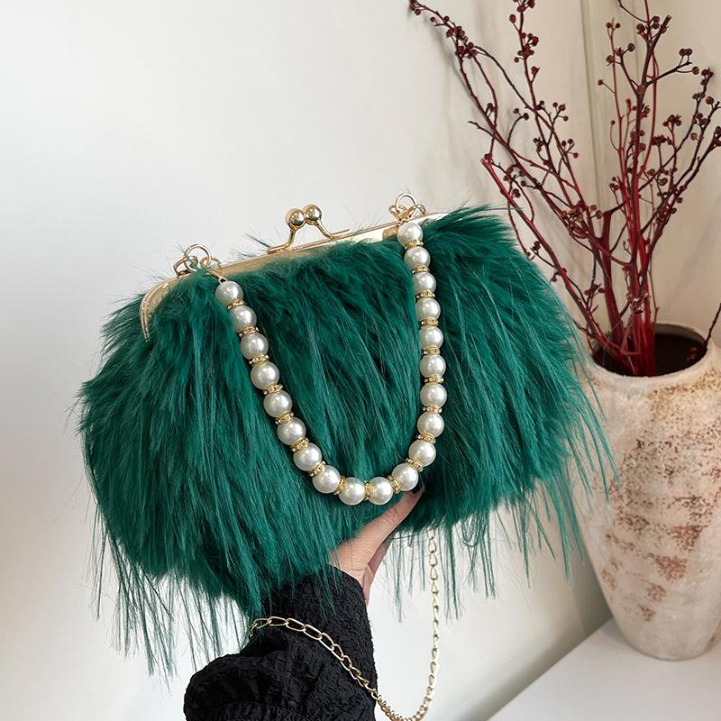 Yogodlns Luxuriöse Abendtasche aus Kunstfell Flauschige Einfarbige Schultertasche Große Kapazität Perlenhenkel Clutch Umhängetasche für Damen