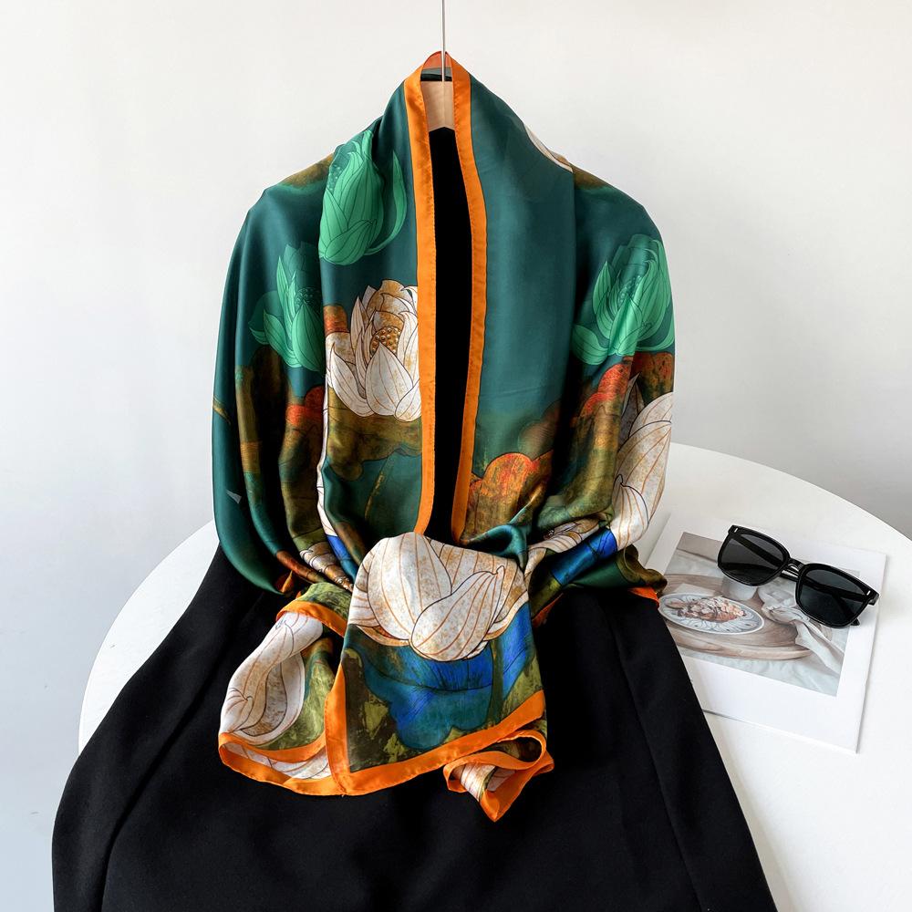 Spring and Summer Satin Long Scarf for Women Sunscreen Shawl Fashionable Beauty Scene Satin Long Scarf Versatile Travel Scarf
