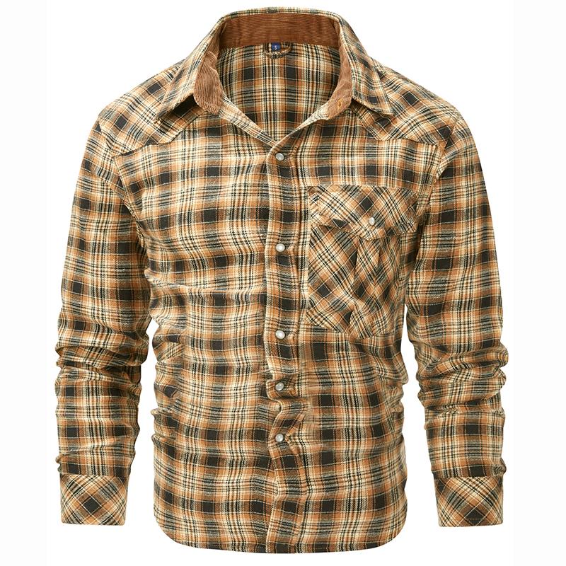 Men's Spring Autumn Plaid Shirts Long-Sleeved Casual Shirt Outdoor Safari Hiking Cargo Cotton Tops