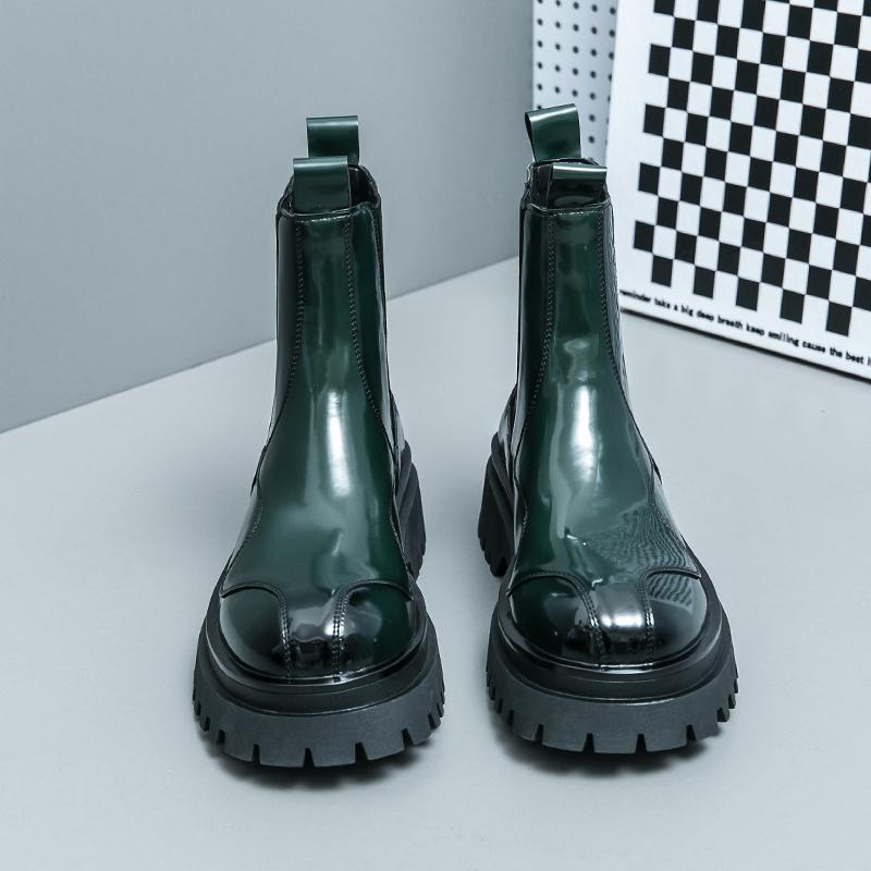 Business Patent Leather Fashion Boots Mid-Calf Thick Bottom Ankle Boots Street Style Dress Leather Boots Men's Round Short Boots