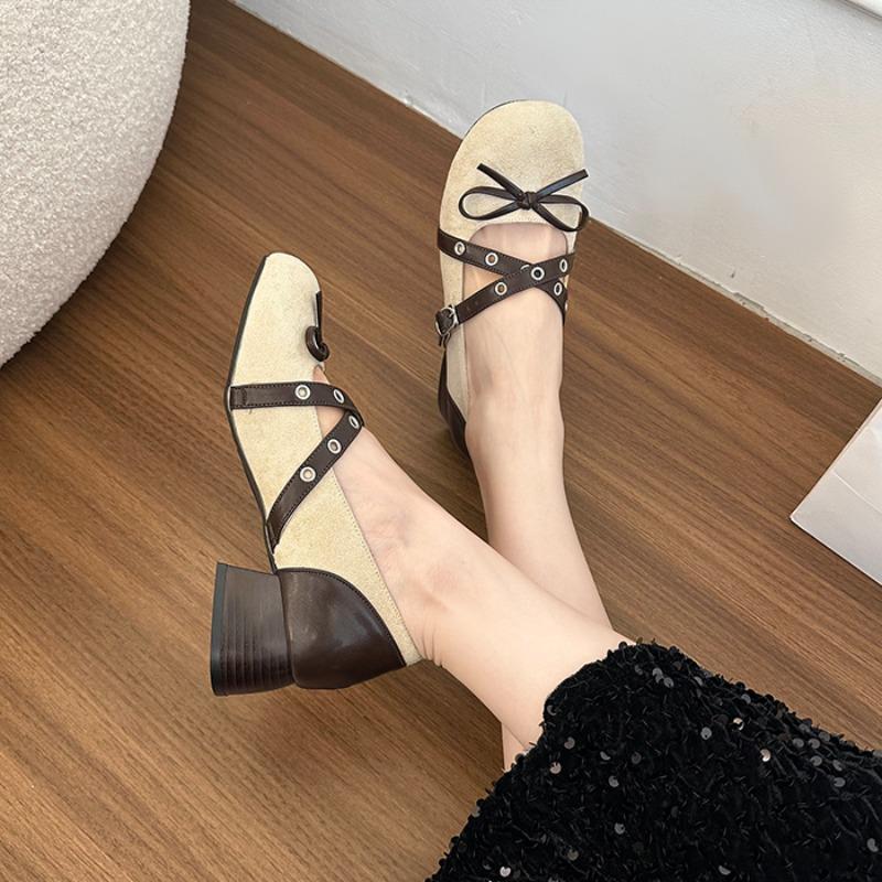 Bow Block Heel Single Shoes Fashion Round Toe Studded Slip Strap Low Top Shoes