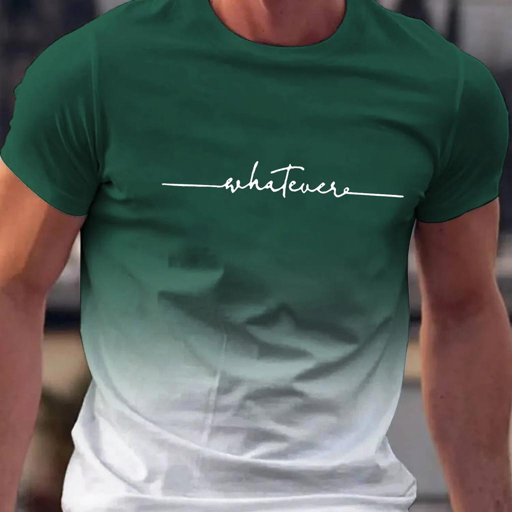 Summer Outing Whatever Print Gradient Crew Neck T-shirt For Men Trendy Casual Short Sleeve Top Men's Tee Ropa De Hombre