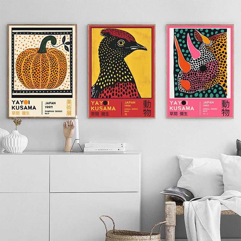 Colorful Abstract Yayoi Kusama Retro Flower Animal Pumpkin Art Poster Canvas Printing Living Room Museum Gallery Decoration