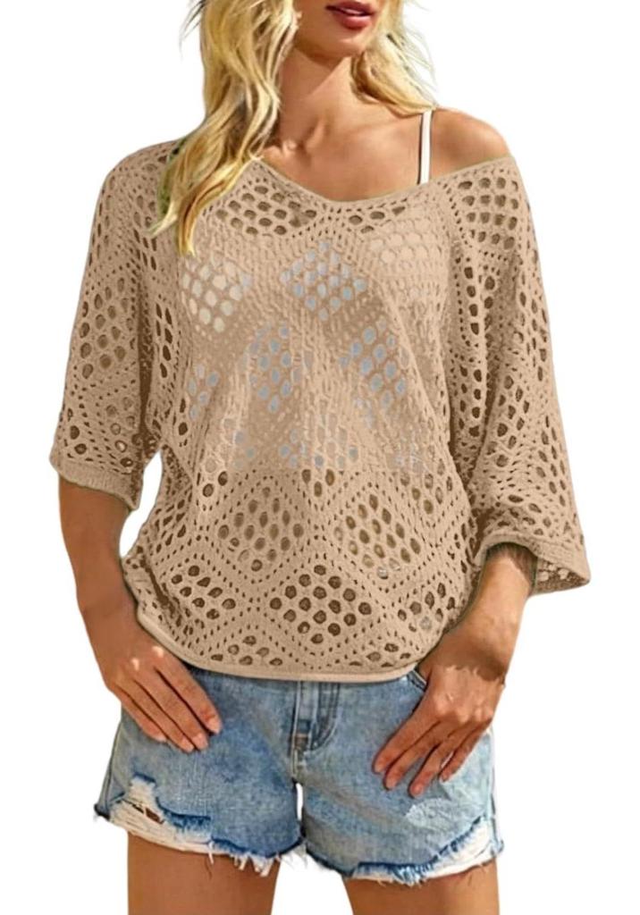 Women's European/American Loose Knit Sweater: Solid Color, Hollow Mesh Design