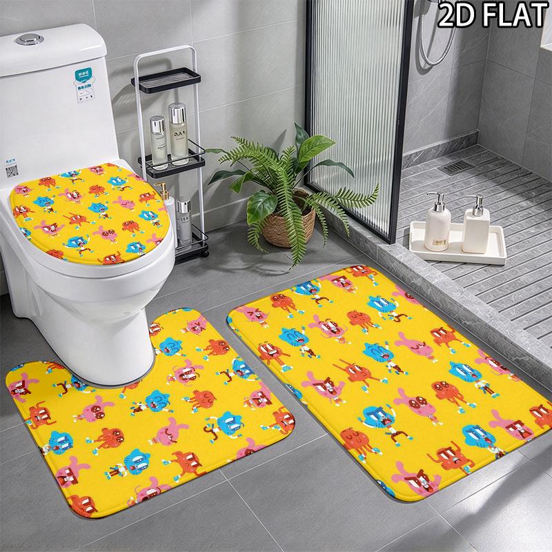 3pcs The Amazing World of Gumball Pattern Flannel Nonslip Absorbent Washable Decorative Bathroom Home Toilet Seat Cover Mat