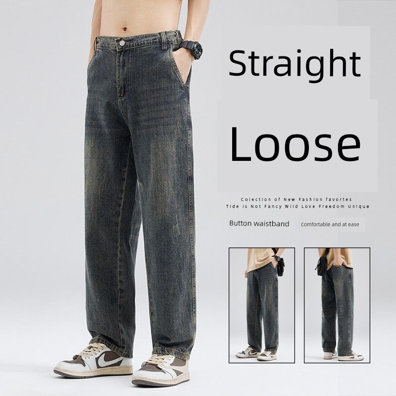 Men's Vintage Workwear Wide-Leg Jeans, Trendy Brand, Loose Straight-Cut American-Style Casual Pants for Spring and Autumn