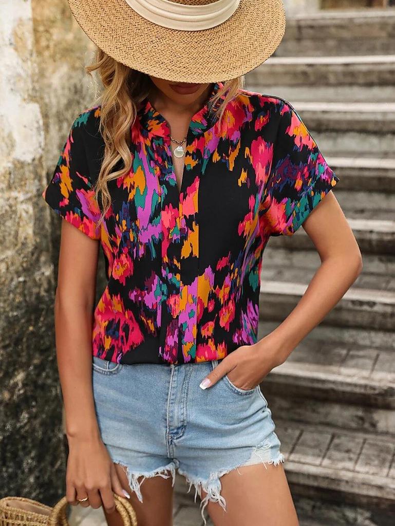 Women's Colorful Floral Print V-Neck Short-Sleeve Top - Summer Fashion