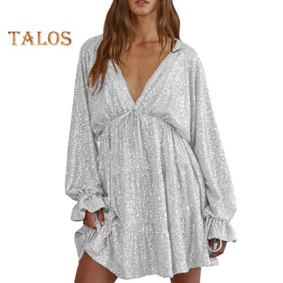 

Платье для вечеринки в женском клубе с глубоким V-образным вырезом, сверкающими пайетками, свободным однотонным цветным платьем с длинными рукавами, бантом, шнуровкой на бретелях, утягивающим мини-платьем S белый