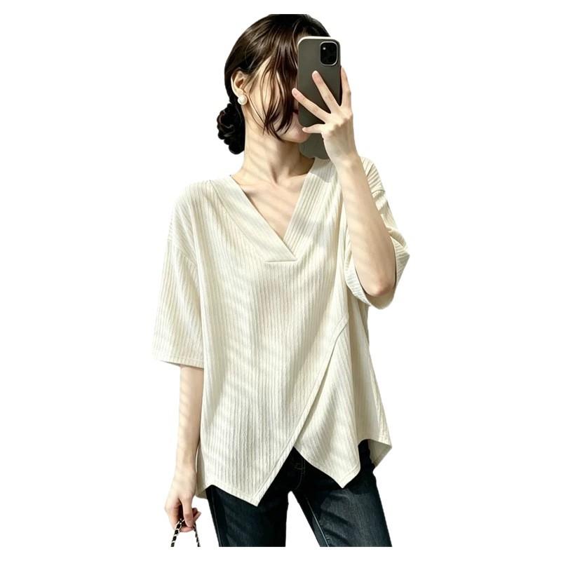 Texture v-neck front shoulder short-sleeved t-shirt women's summer large size fat mm loose and thin medium and long super good-looking top