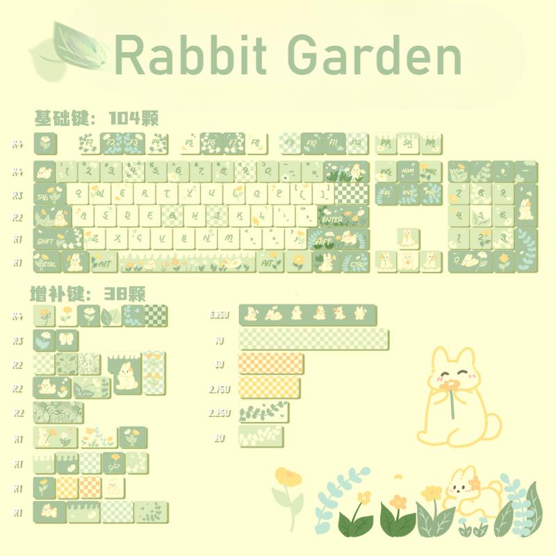 Rabbit Garden Keycaps 143 Keys Cherry Pbt Green Sublimation Process Cute Checkered With 7.25U Spacebar Alice Layout Iso Keycaps