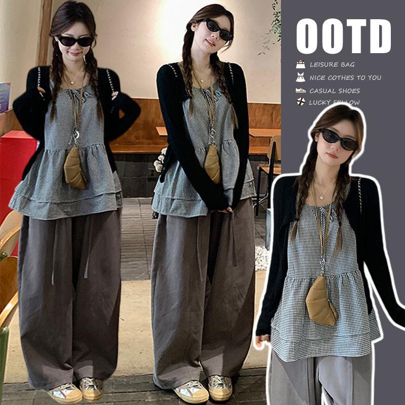 

2026 Korean Style Women s Two-Piece: Round Neck Knit Cardigan with Bow-Tie Plaid Vest & Maternity Pants M